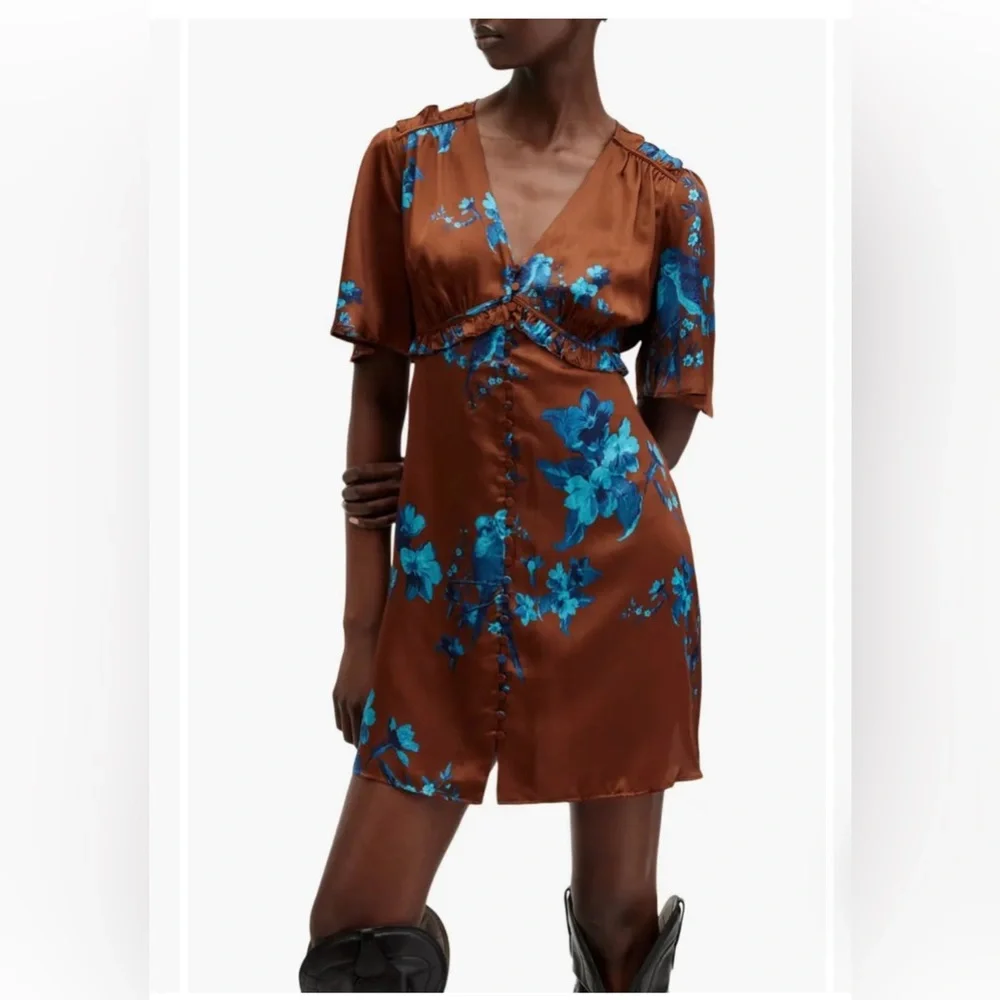 All Saints Tiam Iona Silk Blend Empire Waist Satin Mini Dress Size 0 NWT - Picture 4 of 16